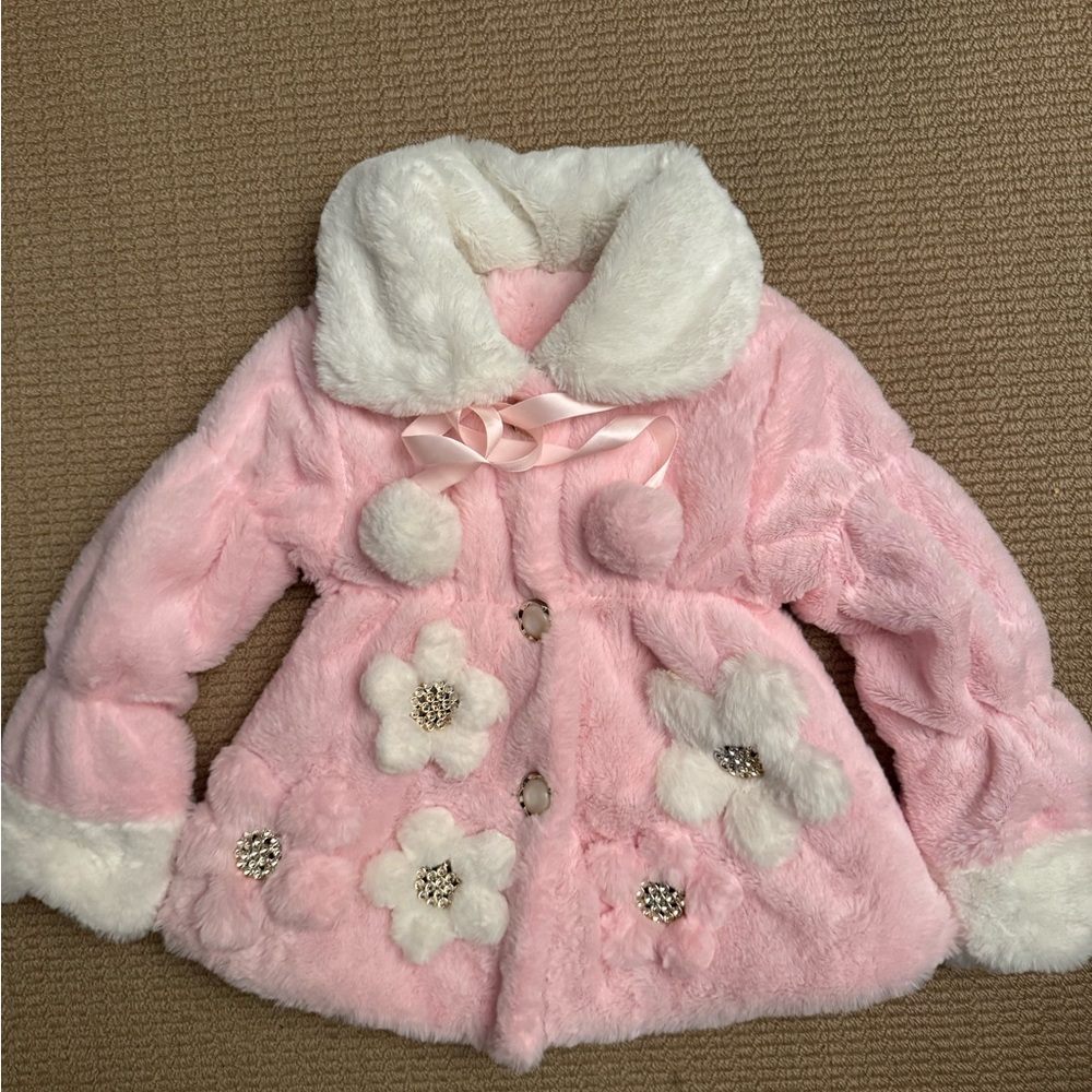 Pink and White Kids Fur Coat with Floral Accents